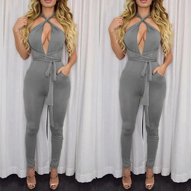 10 colors Women Fashion Pocket Rompers and Jumpsuit Autumn Sexy Cross Playsuit Bodysuits Elegant Bandage Plus Size XD259