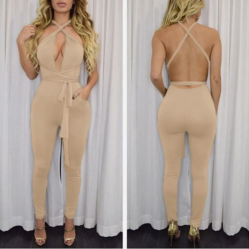 10 colors Women Fashion Pocket Rompers and Jumpsuit Autumn Sexy Cross Playsuit Bodysuits Elegant Bandage Plus Size XD259