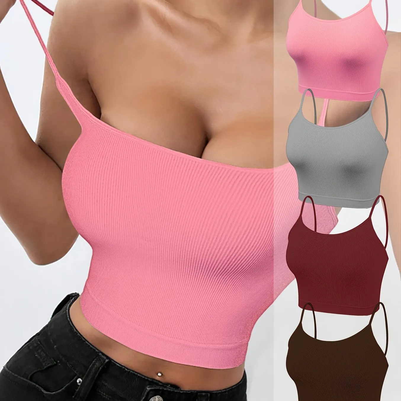 4-Pack Women's Polyamide Strapless Boho Knit Camisoles - Solid Color, Elastic, No Padding