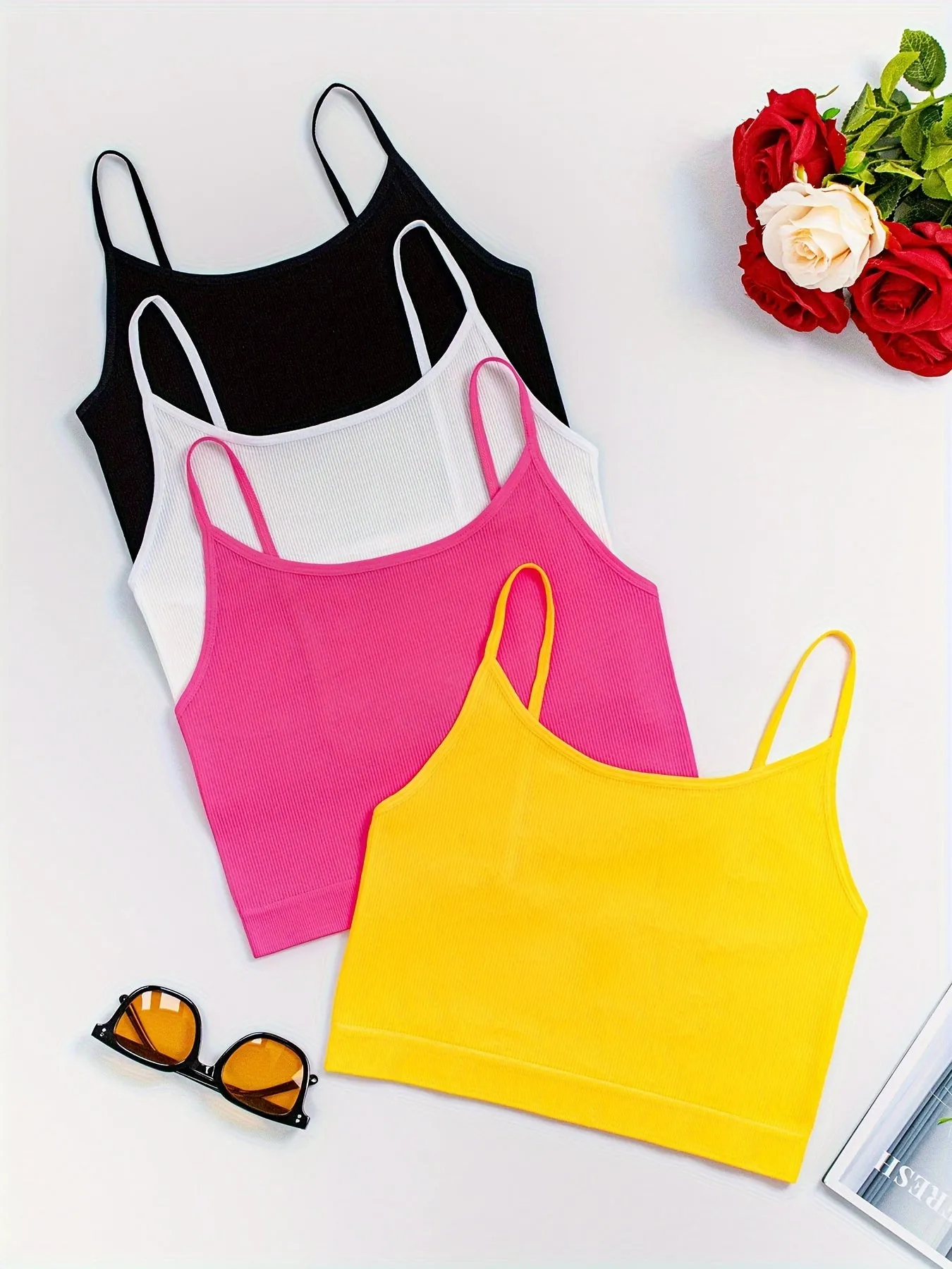 4-Pack Women's Polyamide Strapless Boho Knit Camisoles - Solid Color, Elastic, No Padding