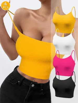 4-Pack Women's Polyamide Strapless Boho Knit Camisoles - Solid Color, Elastic, No Padding