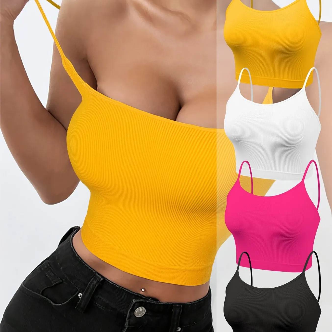4-Pack Women's Polyamide Strapless Boho Knit Camisoles - Solid Color, Elastic, No Padding