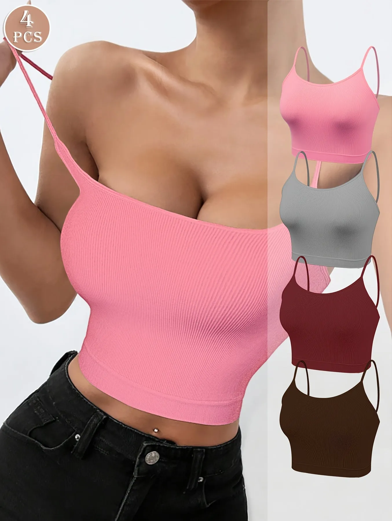 4-Pack Women's Polyamide Strapless Boho Knit Camisoles - Solid Color, Elastic, No Padding