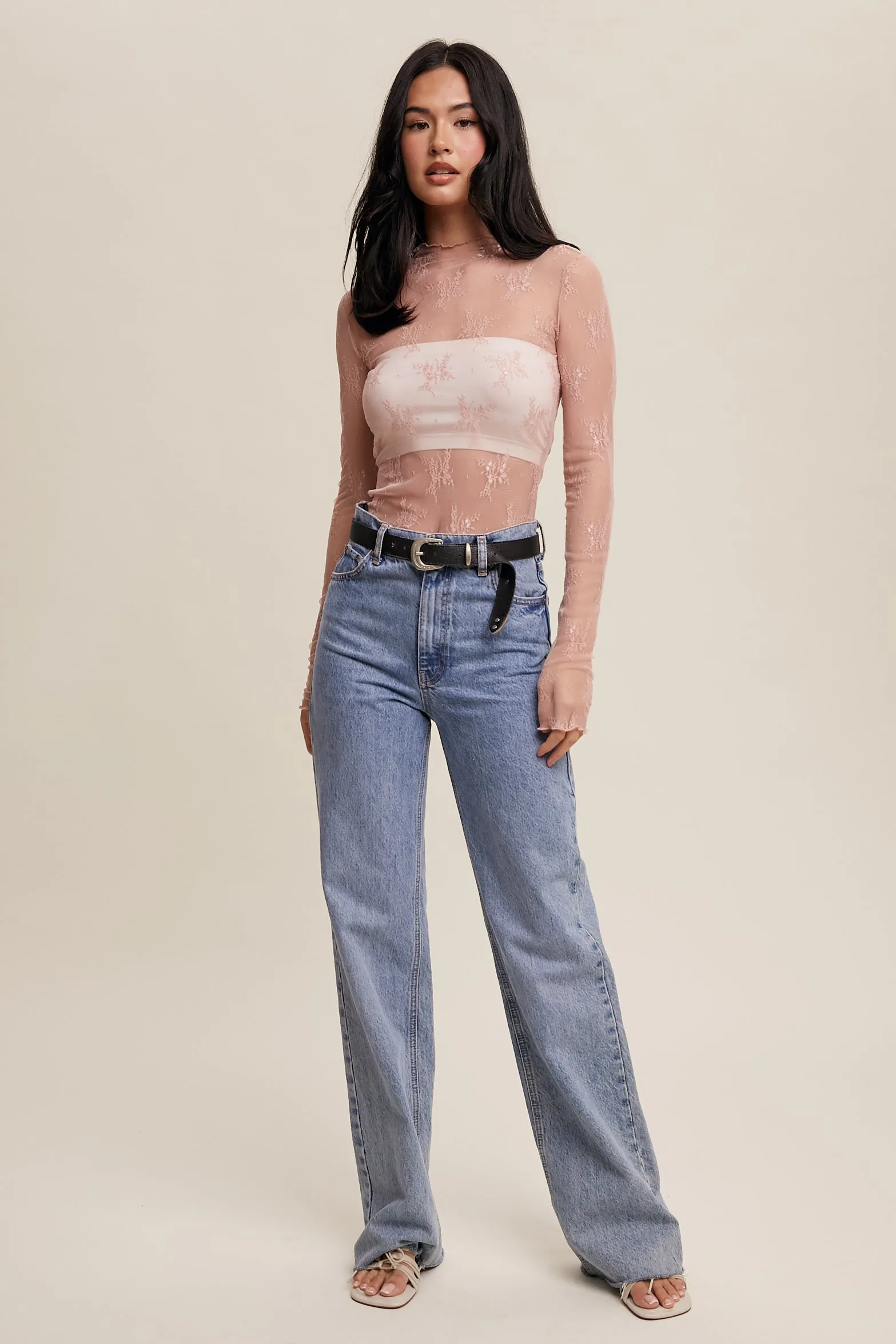 Aria Sheer Lace Long-Sleeve Top-Blush