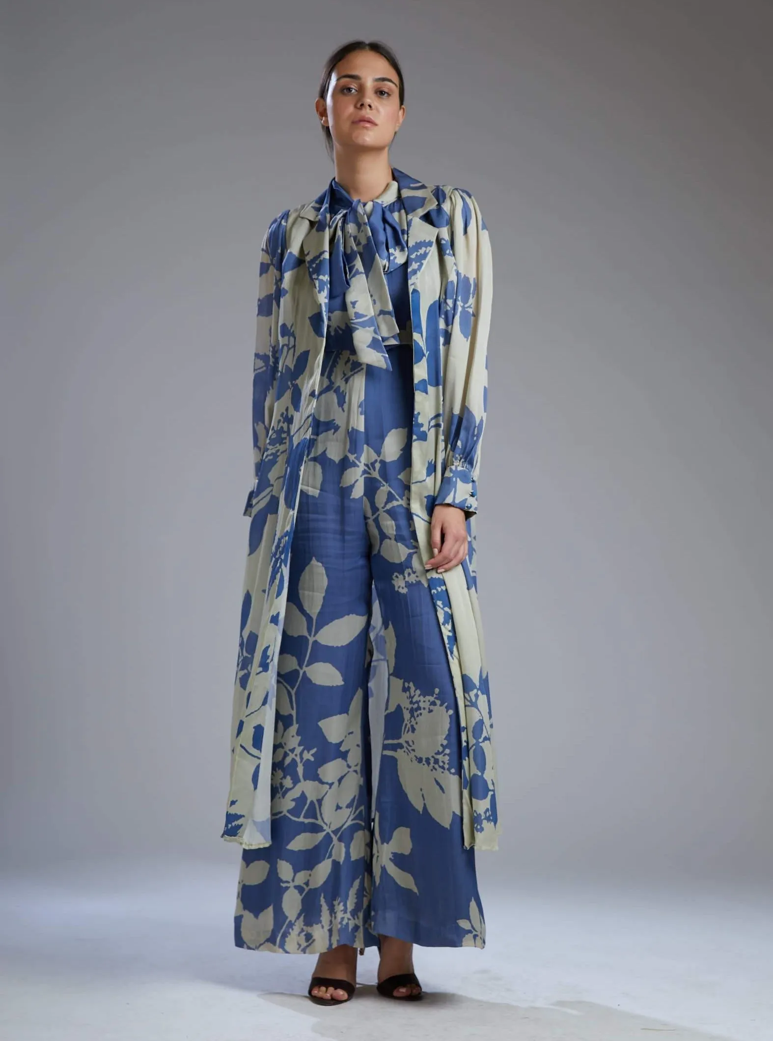 Beige & Blue Flower Jumpsuit With Cape
