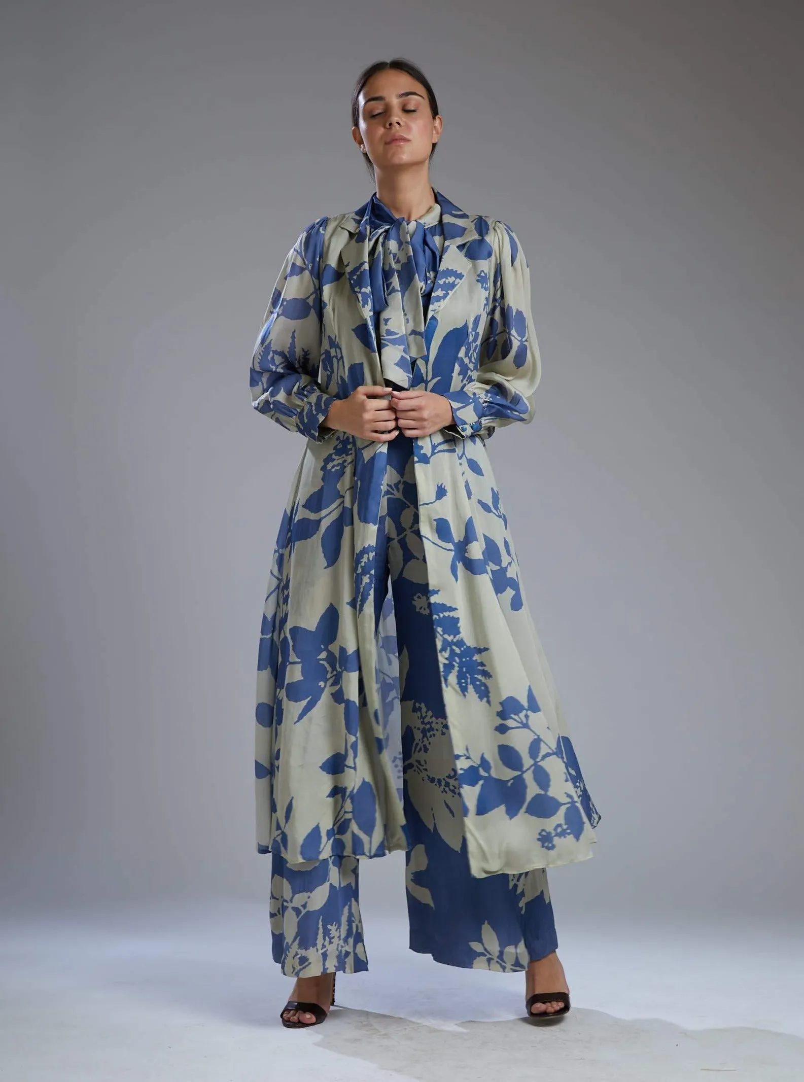Beige & Blue Flower Jumpsuit With Cape