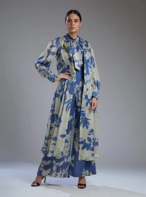 Beige & Blue Flower Jumpsuit With Cape