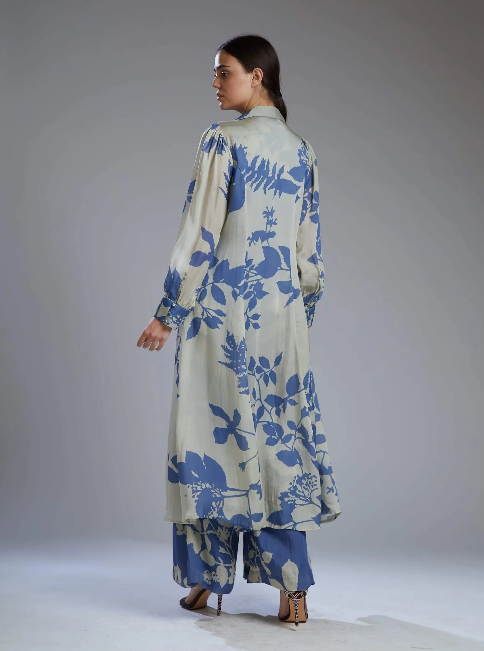 Beige & Blue Flower Jumpsuit With Cape
