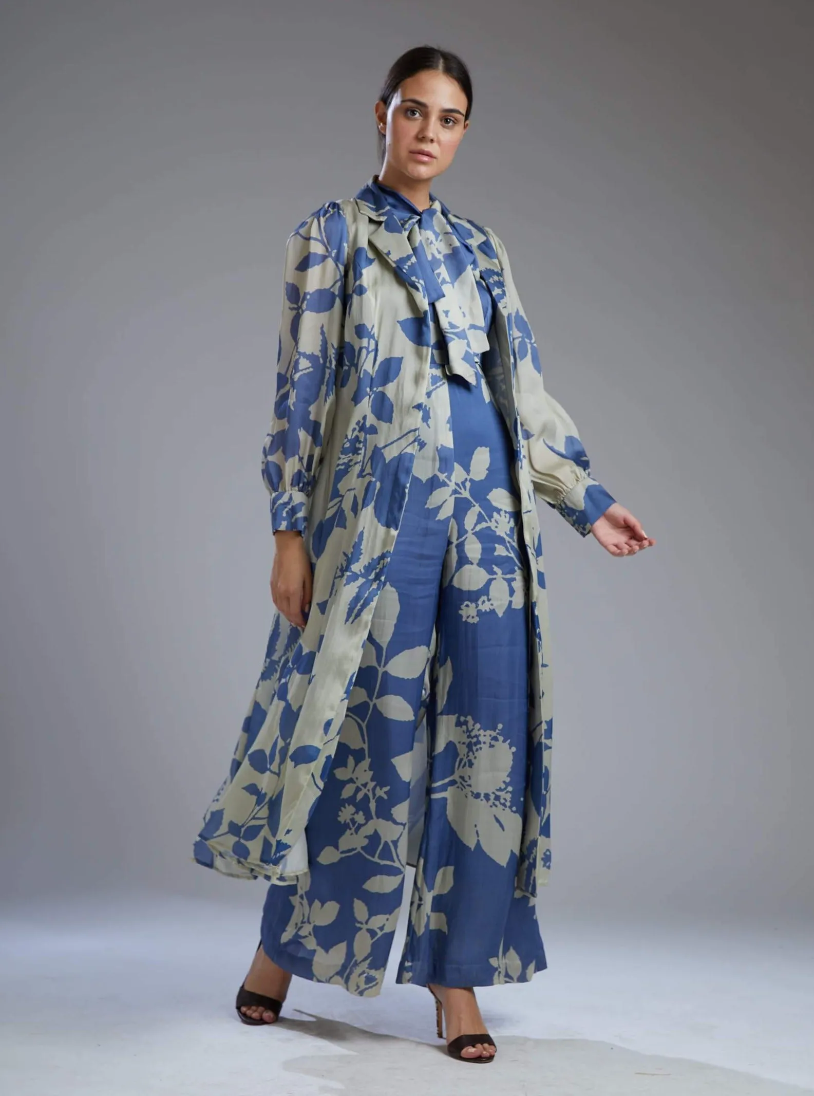 Beige & Blue Flower Jumpsuit With Cape