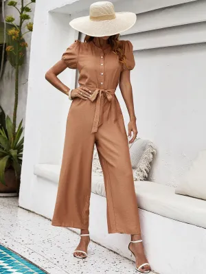 Beige Front Tie Up Relaxed Jumpsuit