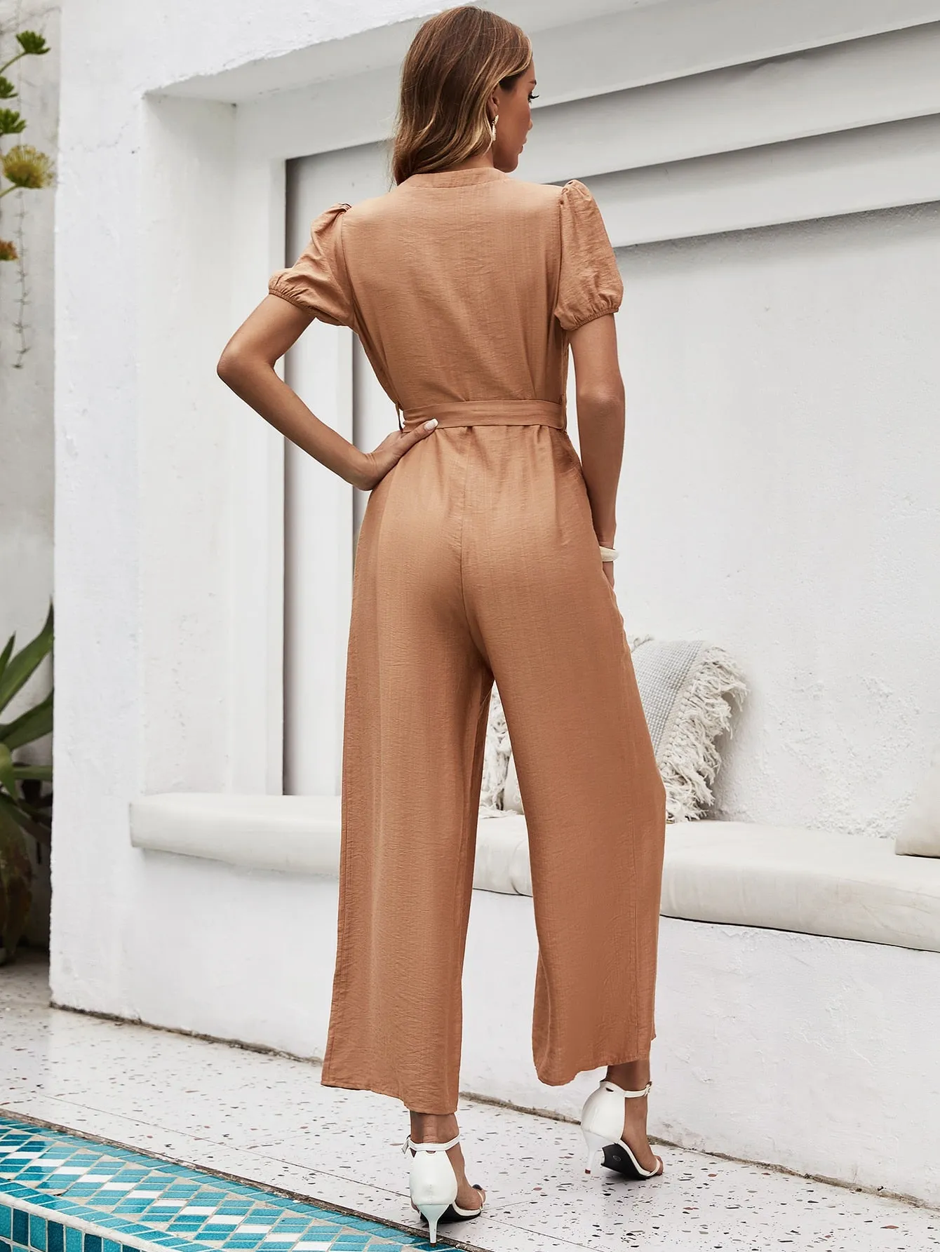 Beige Front Tie Up Relaxed Jumpsuit
