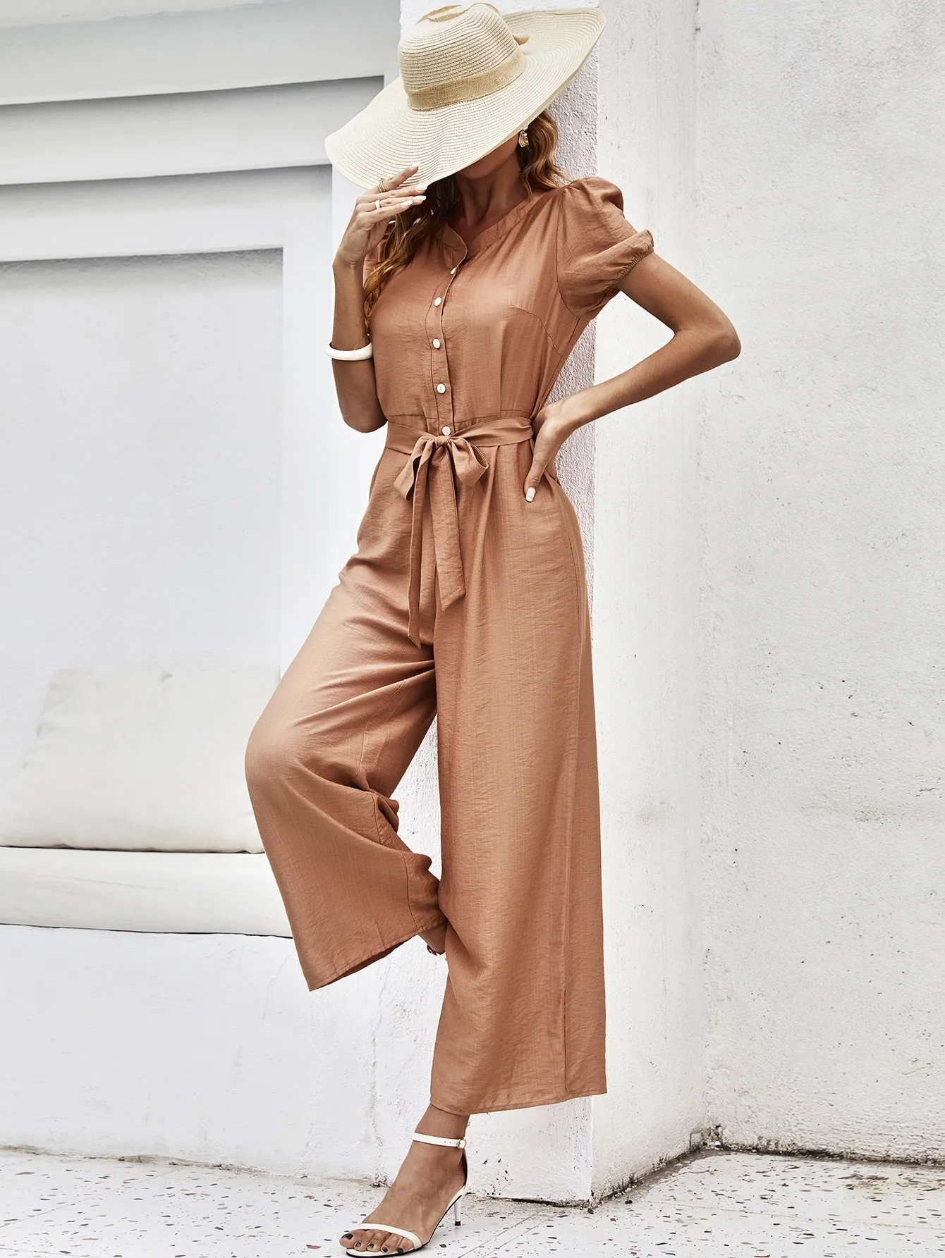 Beige Front Tie Up Relaxed Jumpsuit