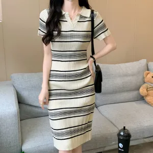 Beige Striped Flat Knit Dress