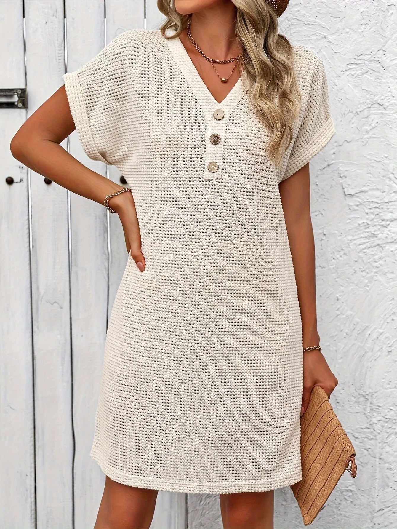 Beige Textured T-Shirt Dress