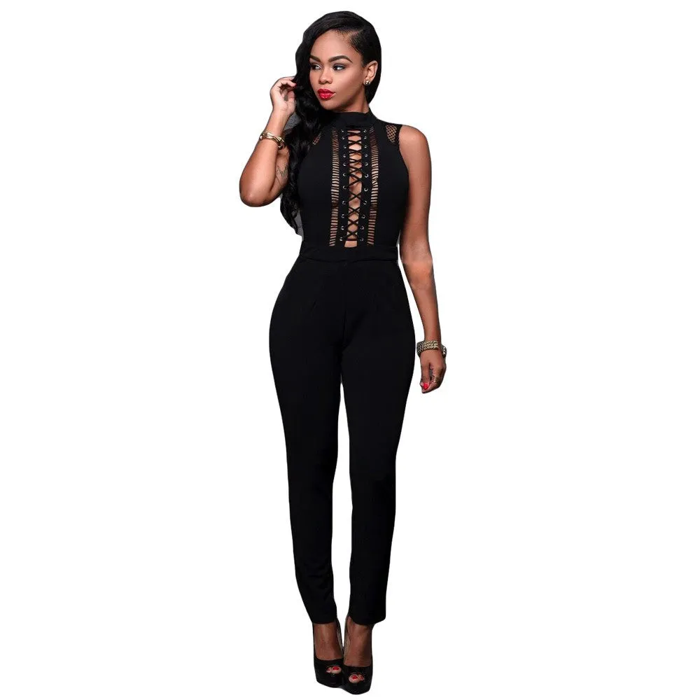 Black Mesh Zipper Back Jumpsuit Sleeveless Long Bodysuit Kim Kardashian Style