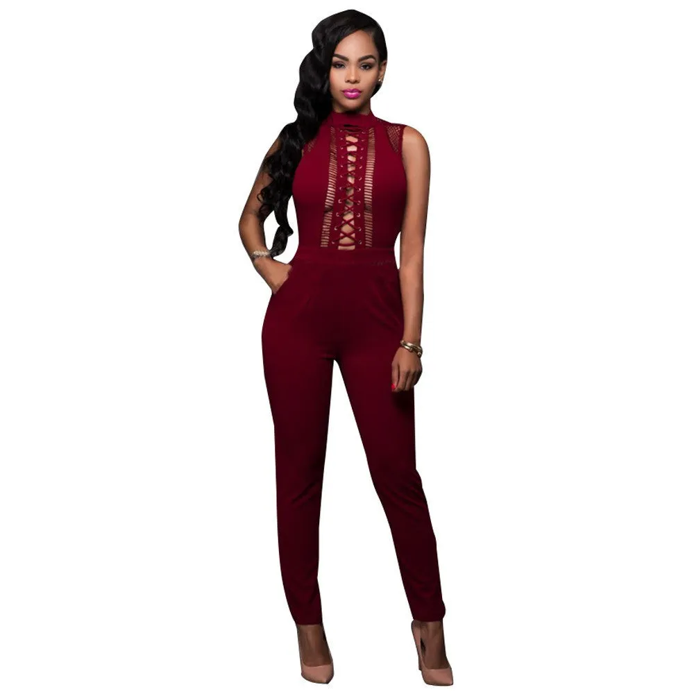 Black Mesh Zipper Back Jumpsuit Sleeveless Long Bodysuit Kim Kardashian Style
