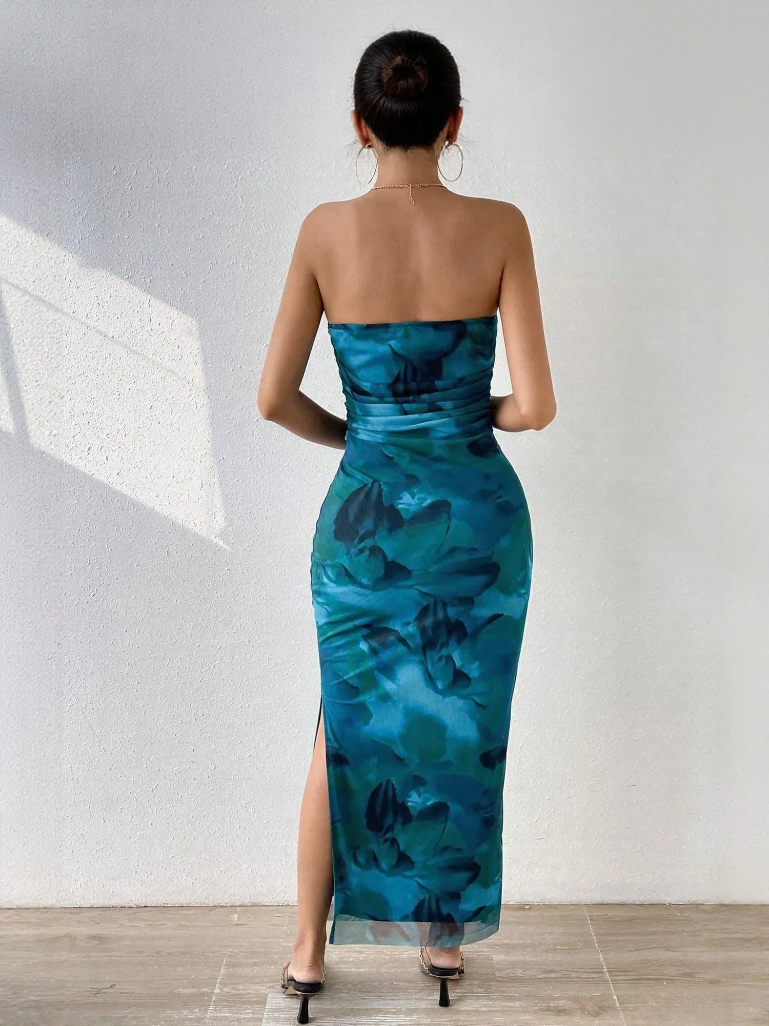 Blue Digital Print Mesh Tube Dress