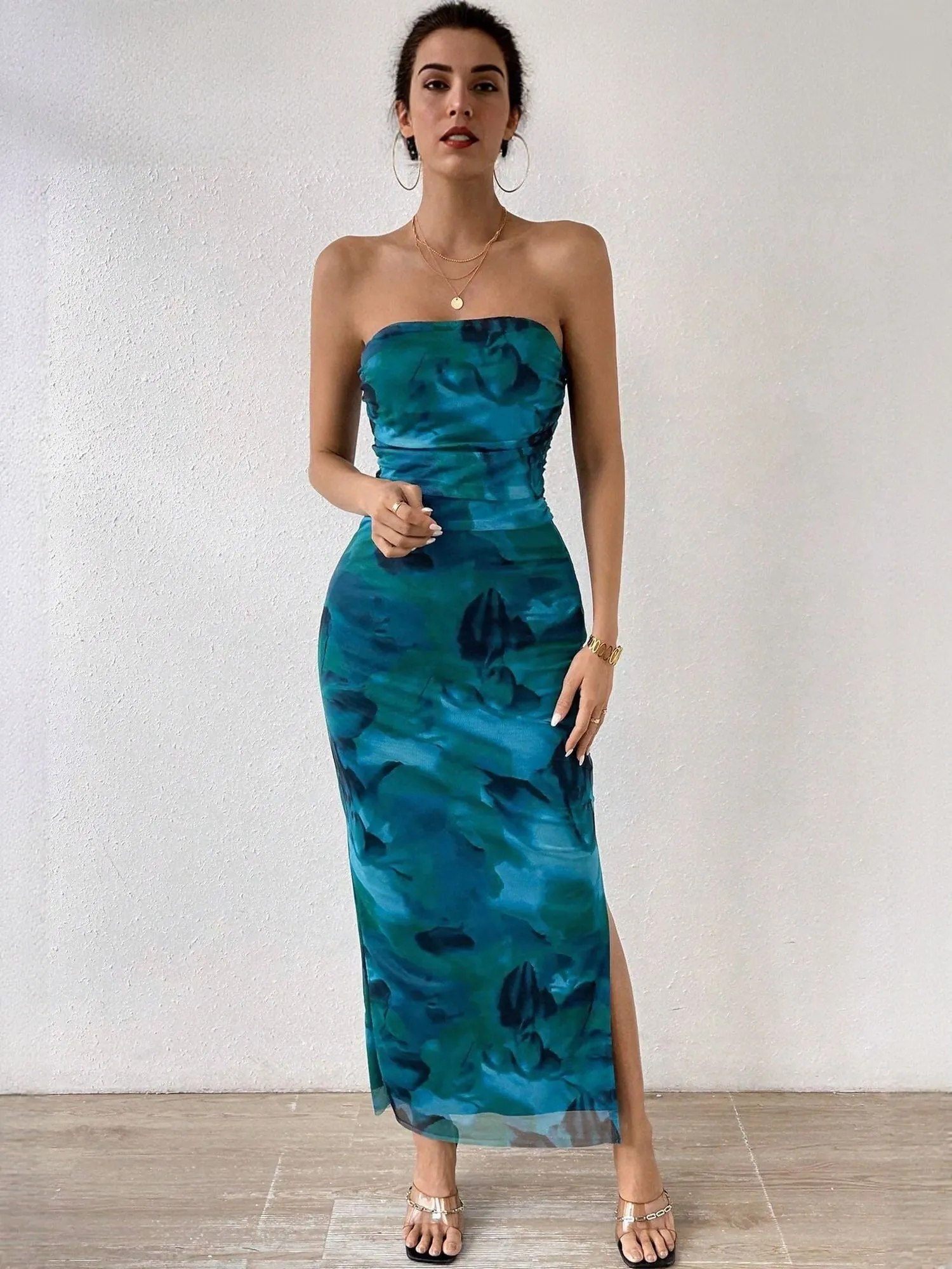 Blue Digital Print Mesh Tube Dress