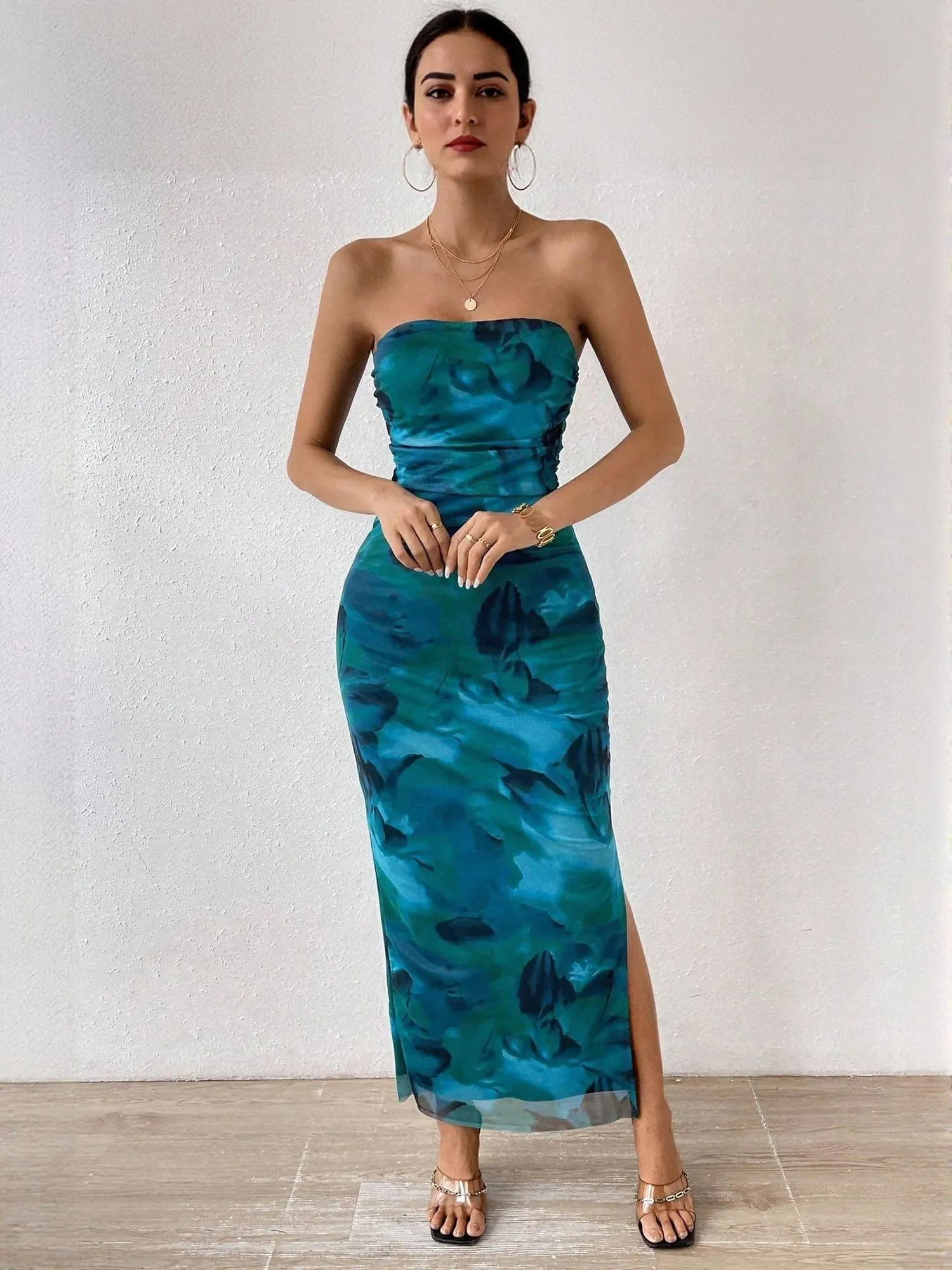 Blue Digital Print Mesh Tube Dress