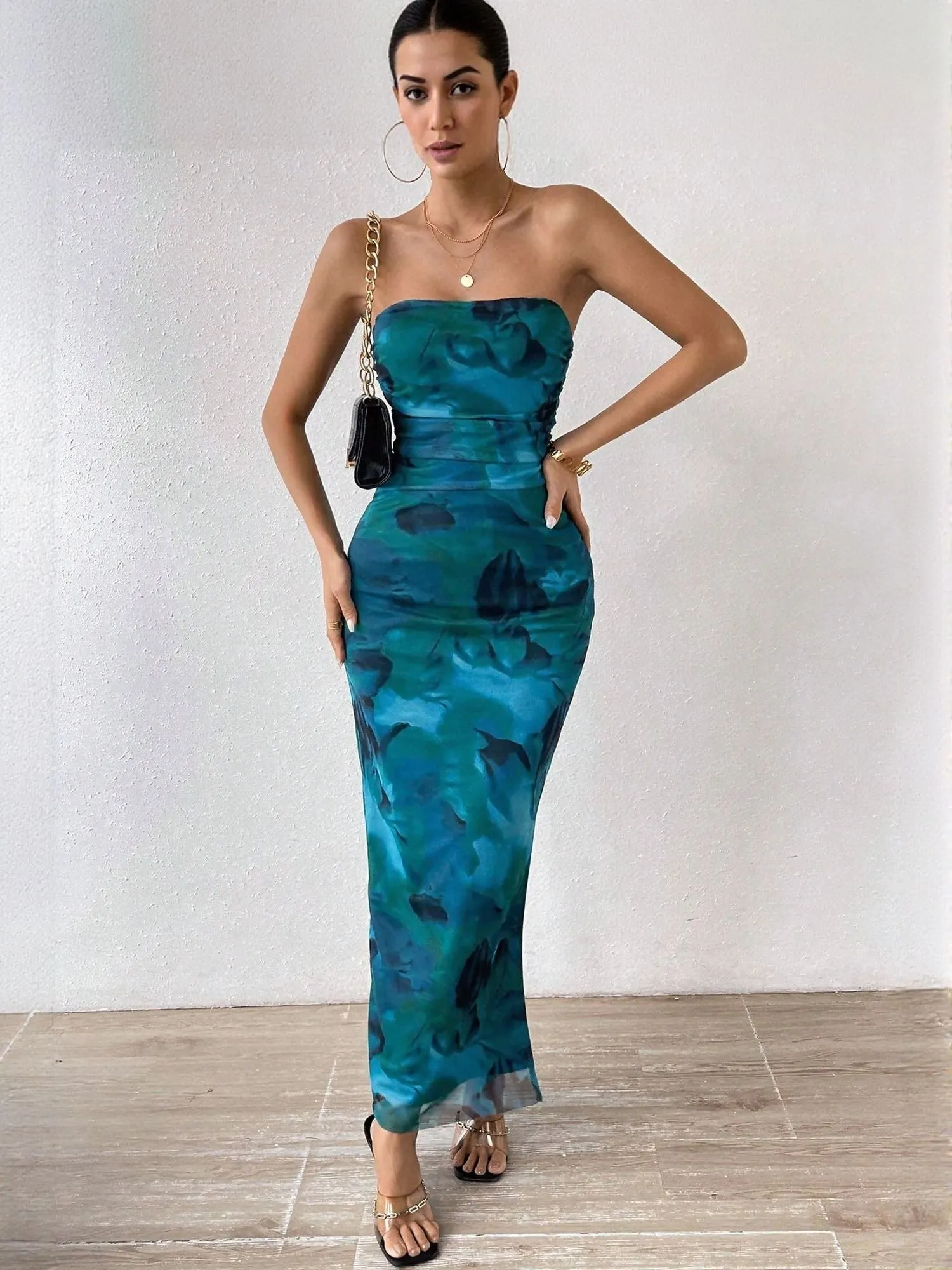 Blue Digital Print Mesh Tube Dress