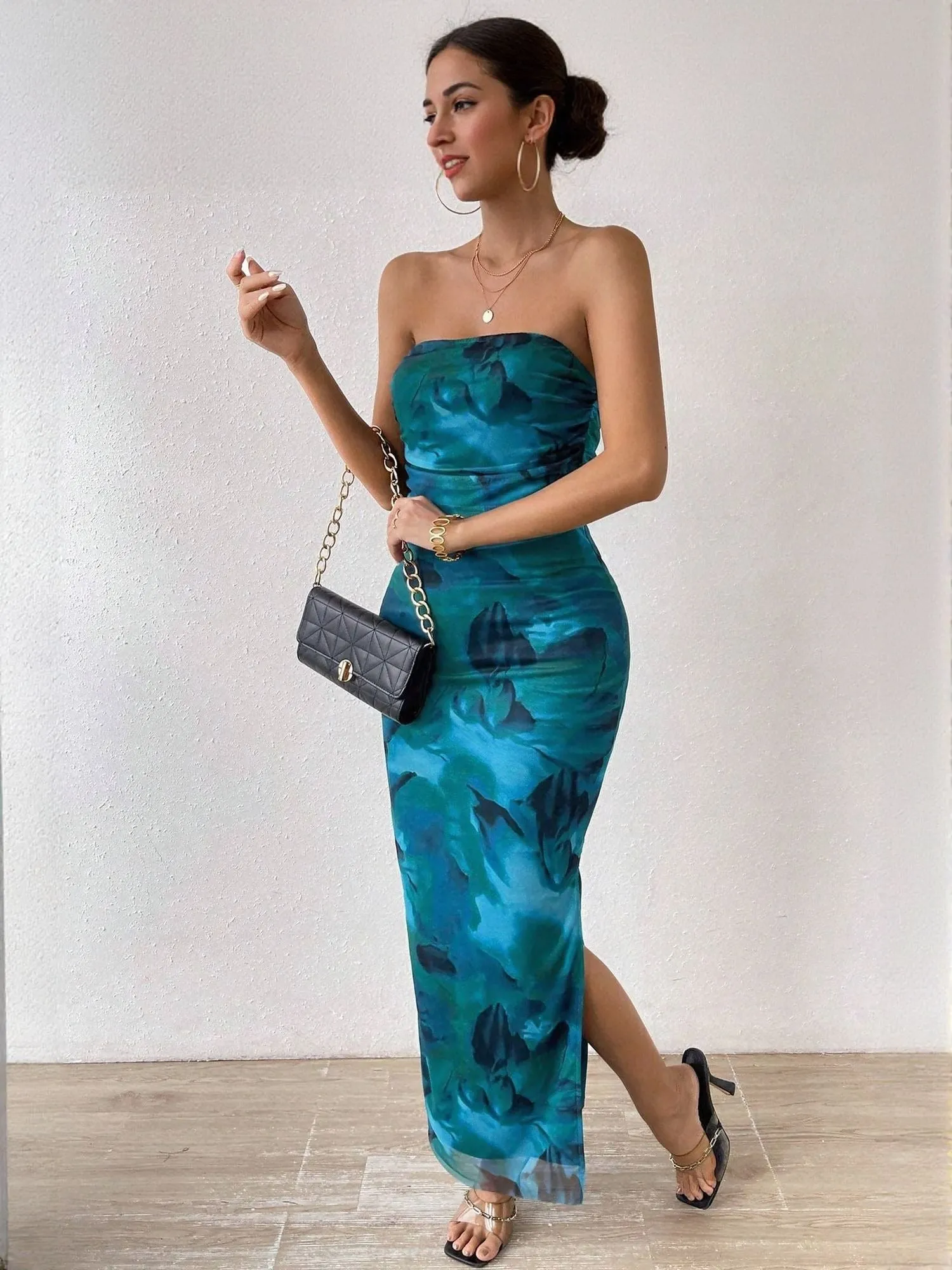 Blue Digital Print Mesh Tube Dress