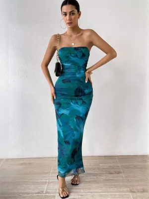 Blue Digital Print Mesh Tube Dress