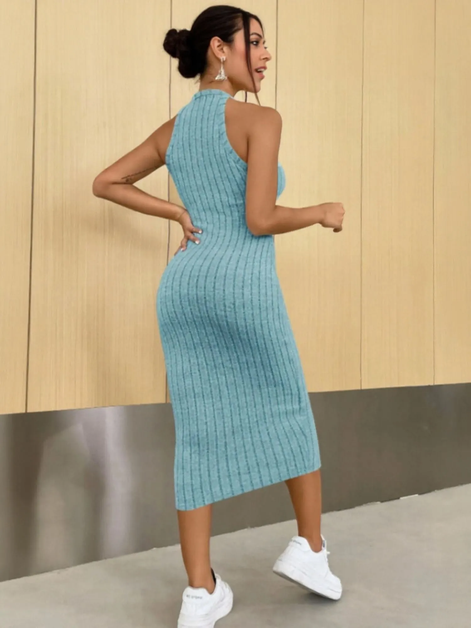 Blue Halter Neck Bodycon Midi Dress
