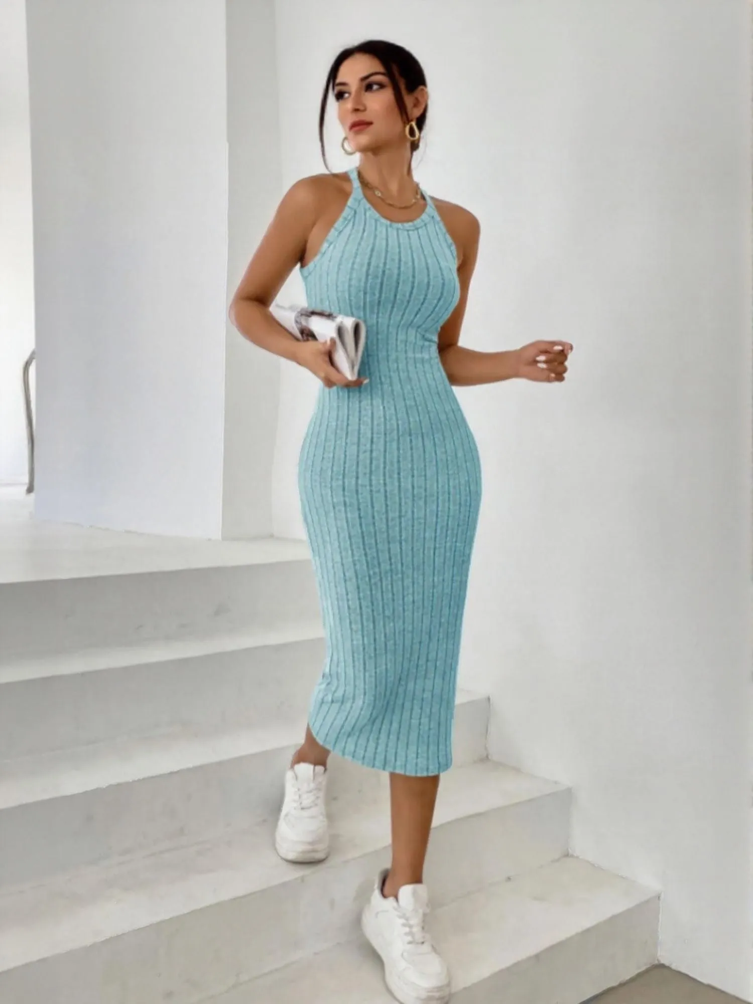 Blue Halter Neck Bodycon Midi Dress