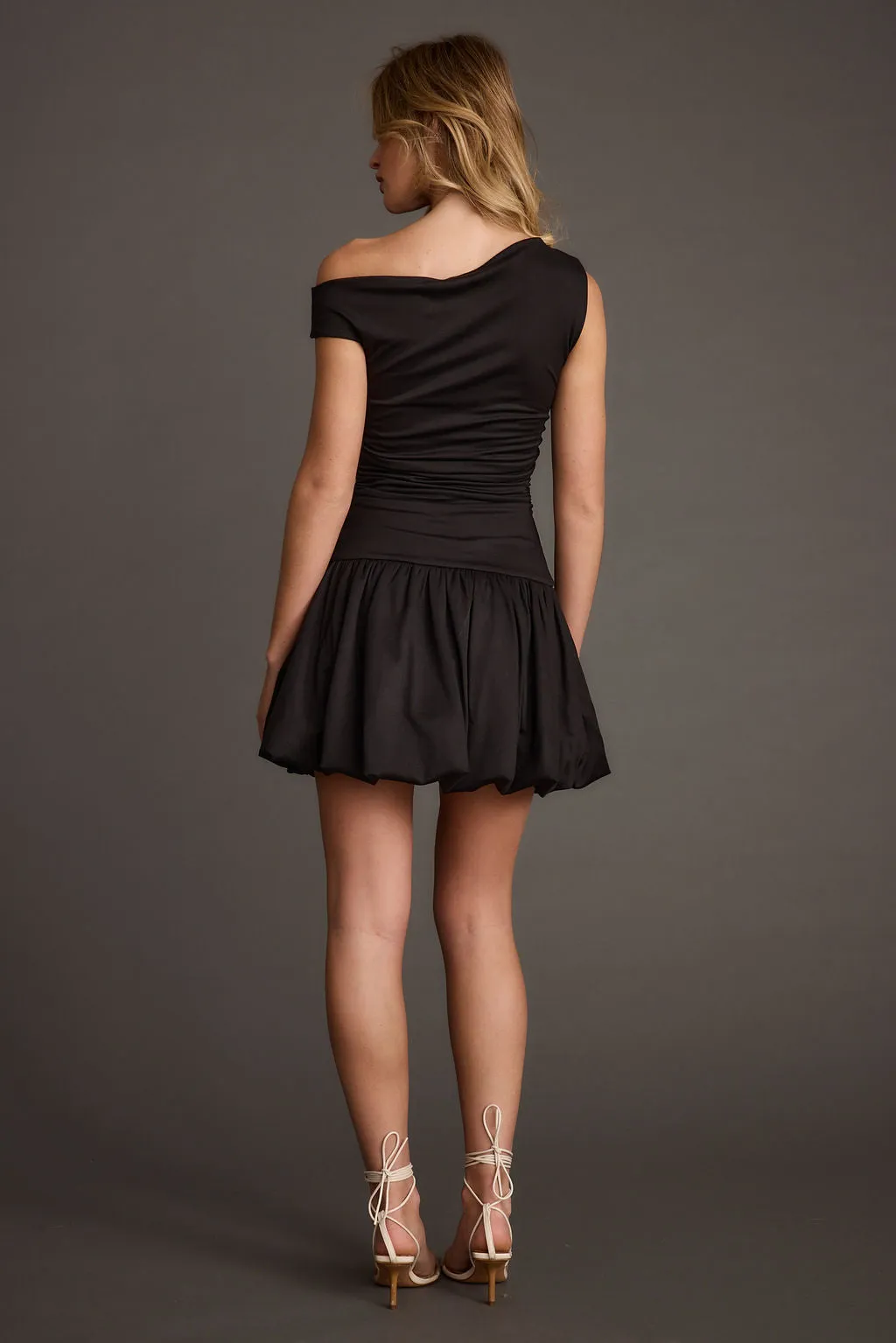 Bridget Black Off the Shoulder Bubble Hem Mini Dress