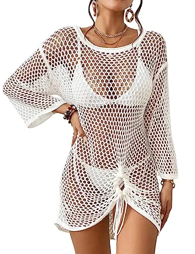 Bsubseach Crochet Knit Coverups for Women Hollow Out Bathing Suit Cover Up Dress See Through Mesh Beach Swimwear White