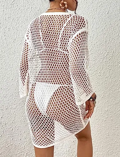 Bsubseach Crochet Knit Coverups for Women Hollow Out Bathing Suit Cover Up Dress See Through Mesh Beach Swimwear White