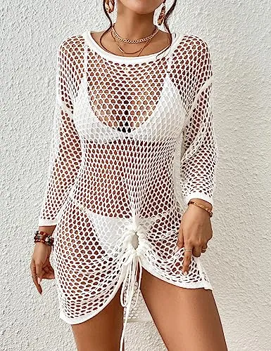 Bsubseach Crochet Knit Coverups for Women Hollow Out Bathing Suit Cover Up Dress See Through Mesh Beach Swimwear White