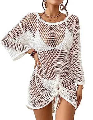Bsubseach Crochet Knit Coverups for Women Hollow Out Bathing Suit Cover Up Dress See Through Mesh Beach Swimwear White