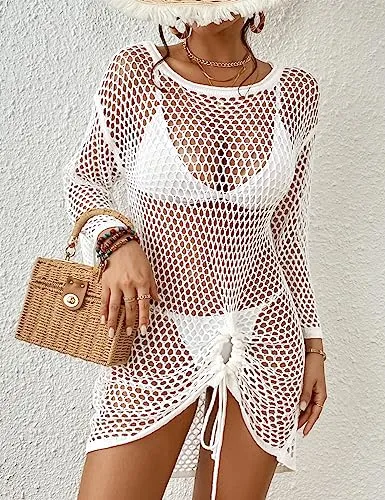 Bsubseach Crochet Knit Coverups for Women Hollow Out Bathing Suit Cover Up Dress See Through Mesh Beach Swimwear White