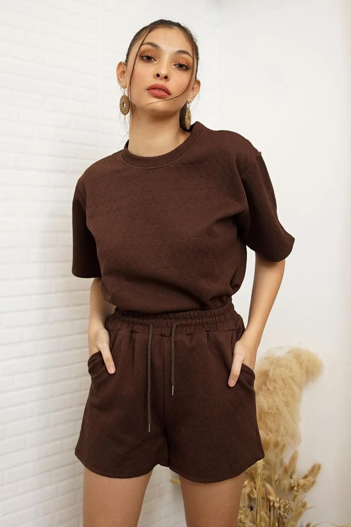 CALLIE Crew-Neck Top & Shorts Co-ord (Chocolate Brown)