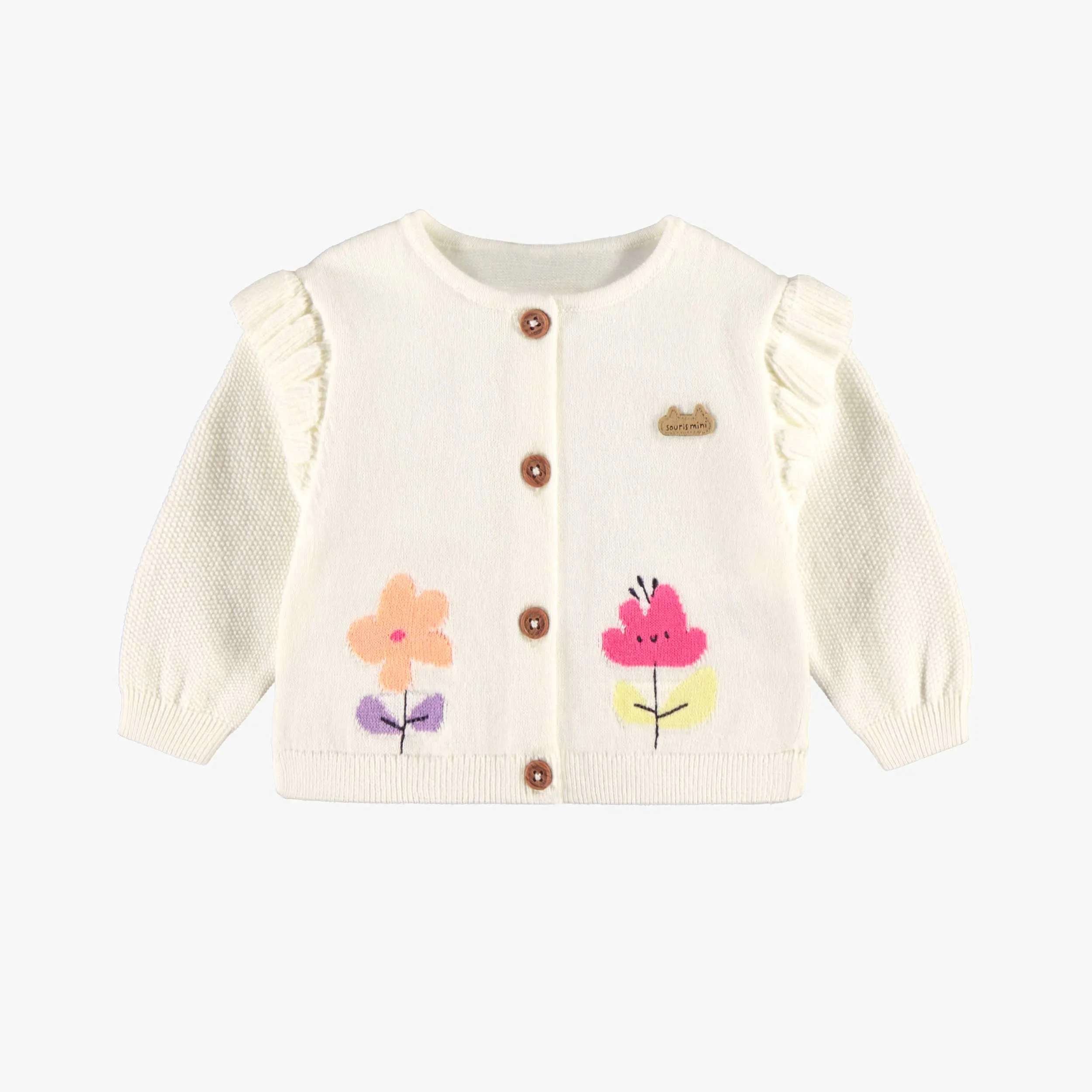 Cardigan en tricot crème avec fleurs, naissance || Cream knit cardigan with flowers, newborn