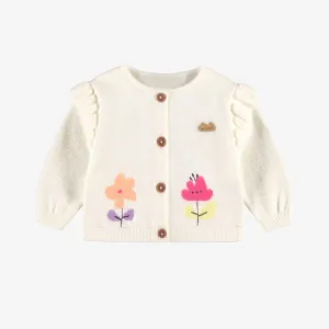 Cardigan en tricot crème avec fleurs, naissance || Cream knit cardigan with flowers, newborn