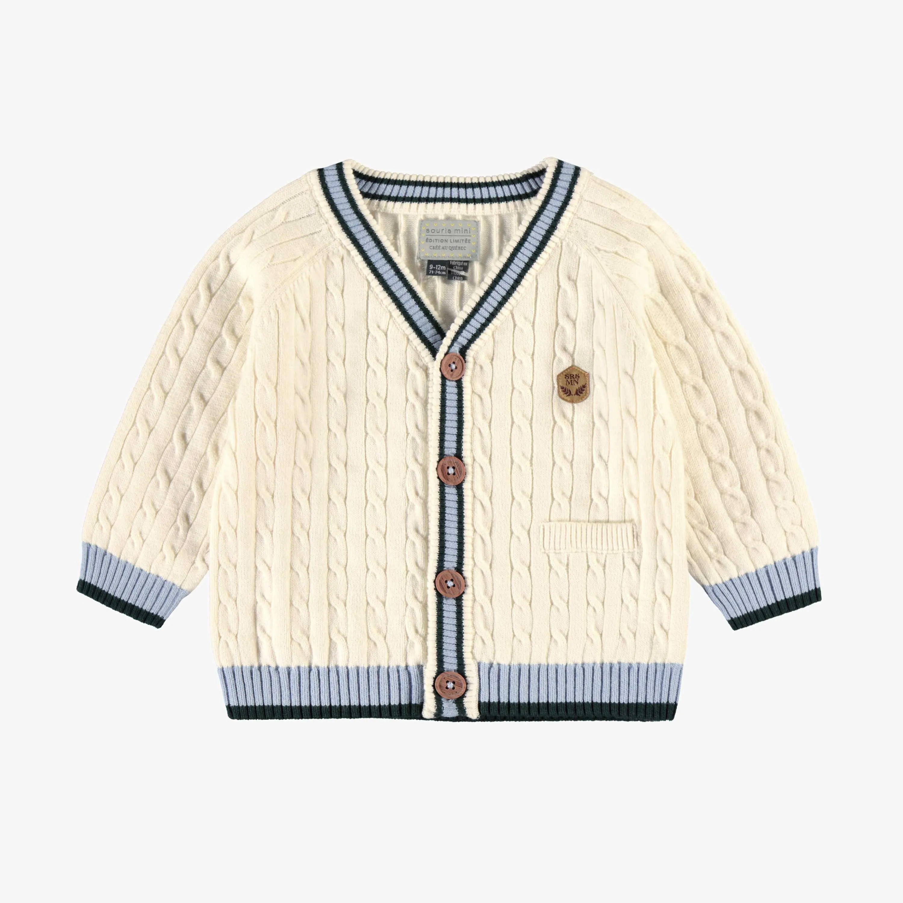 Cardigan en tricot crème avec torsades verticales, bébé || Cream knit cardigan with vertical twists, baby