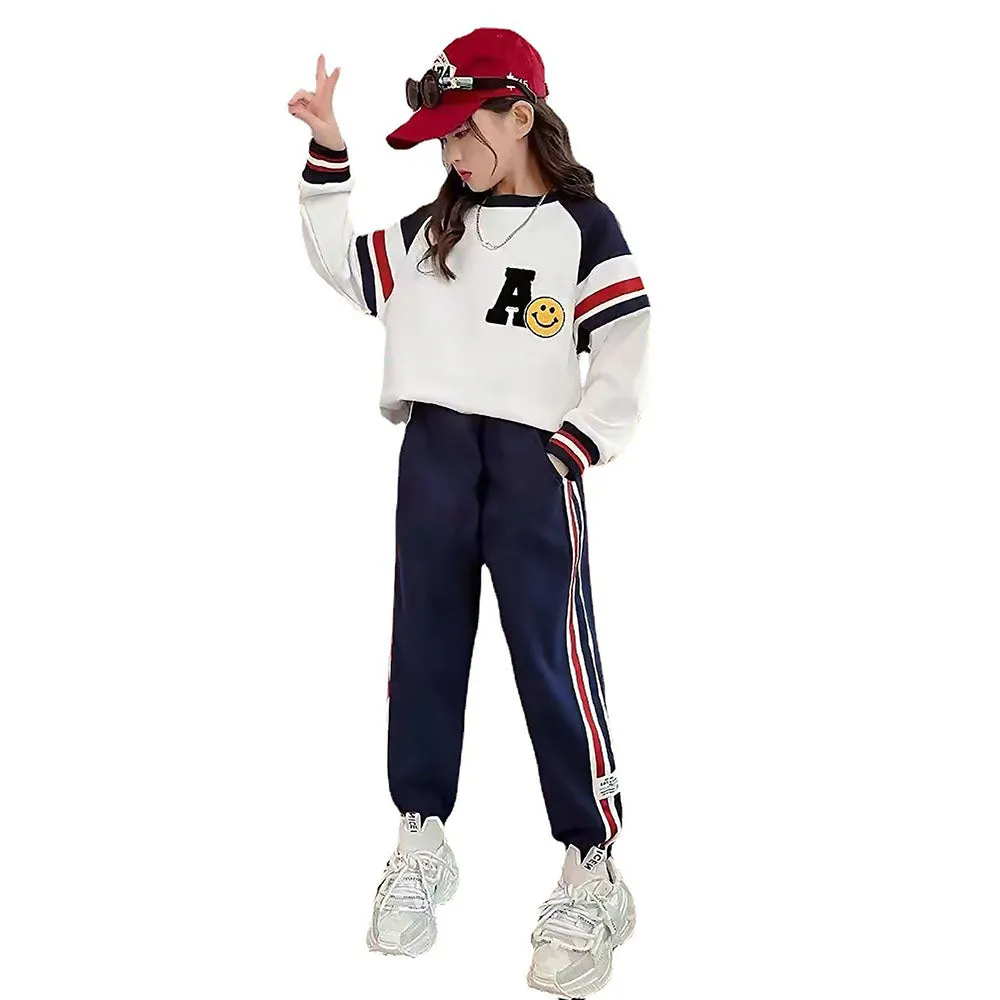 Casual Letter A Monogram Designed Cream & Navy 2Pcs Track Suit Set For Kids & Tweens