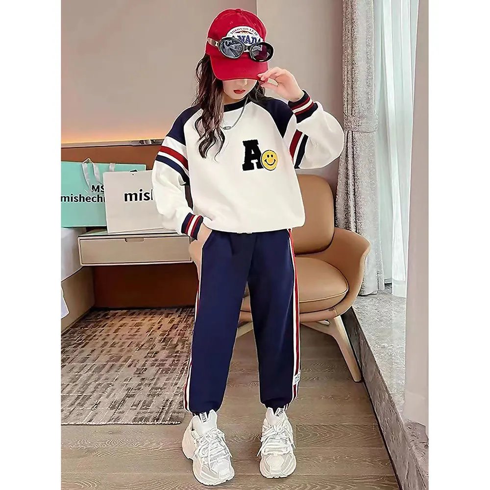 Casual Letter A Monogram Designed Cream & Navy 2Pcs Track Suit Set For Kids & Tweens