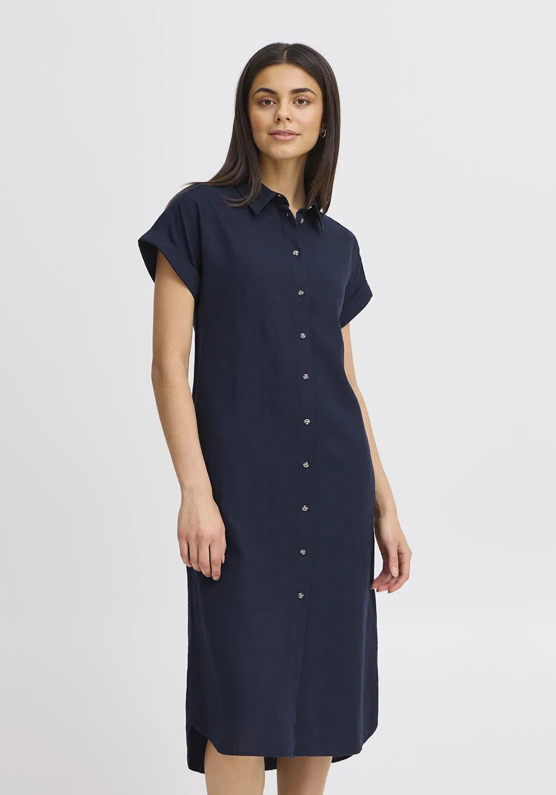 Casual Short Sleeve Light Woven Dress - Navy