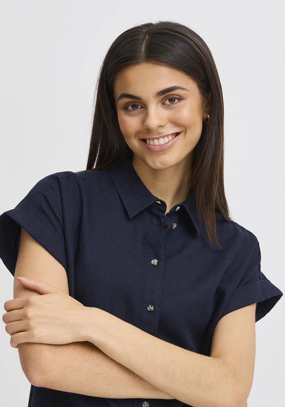 Casual Short Sleeve Light Woven Dress - Navy
