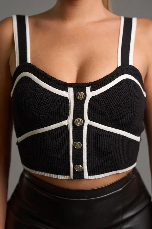 Chic Black Sweater Rib Knit Medal Button Down Tank Top – Stylish and Sleek with Metallic Button