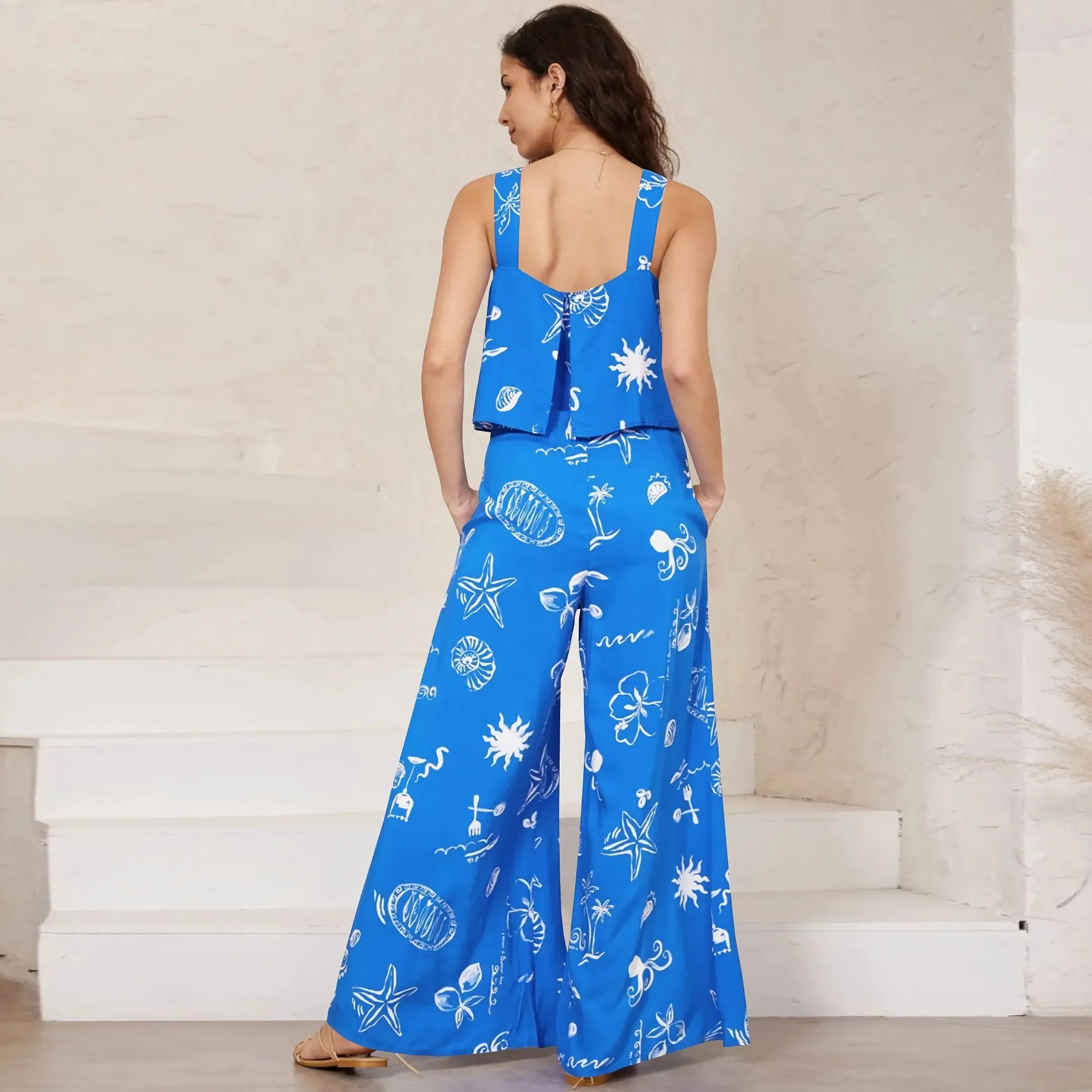 Chic Paisley Print Wide Leg Jumpsuit with Suspender Top Set - Women's Streetwear