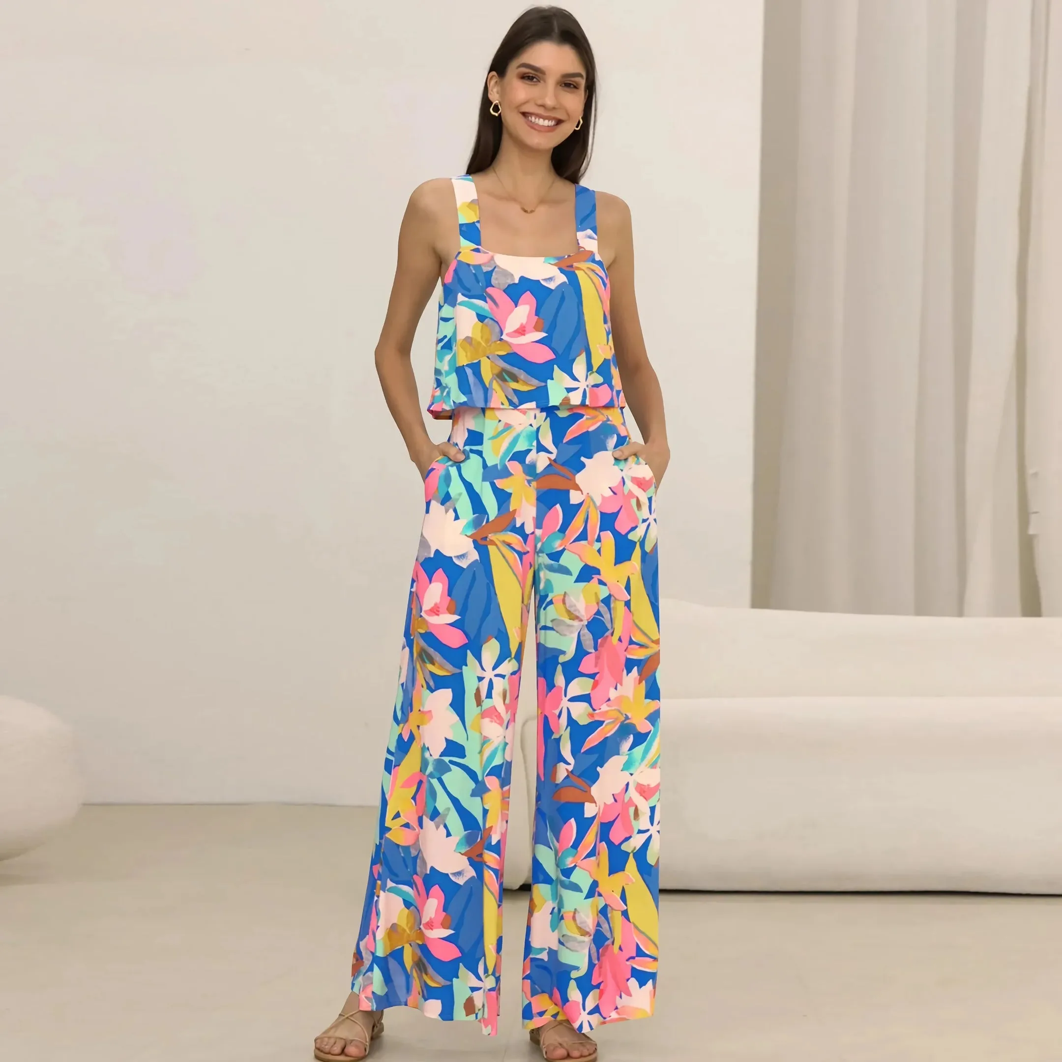 Chic Paisley Print Wide Leg Jumpsuit with Suspender Top Set - Women's Streetwear