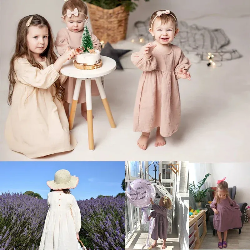 Children's Organic Cotton Double Gauze Loose Pockets Baby Girls Dress Fashion Princess Casual Kids Dresses