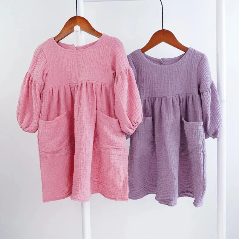 Children's Organic Cotton Double Gauze Loose Pockets Baby Girls Dress Fashion Princess Casual Kids Dresses