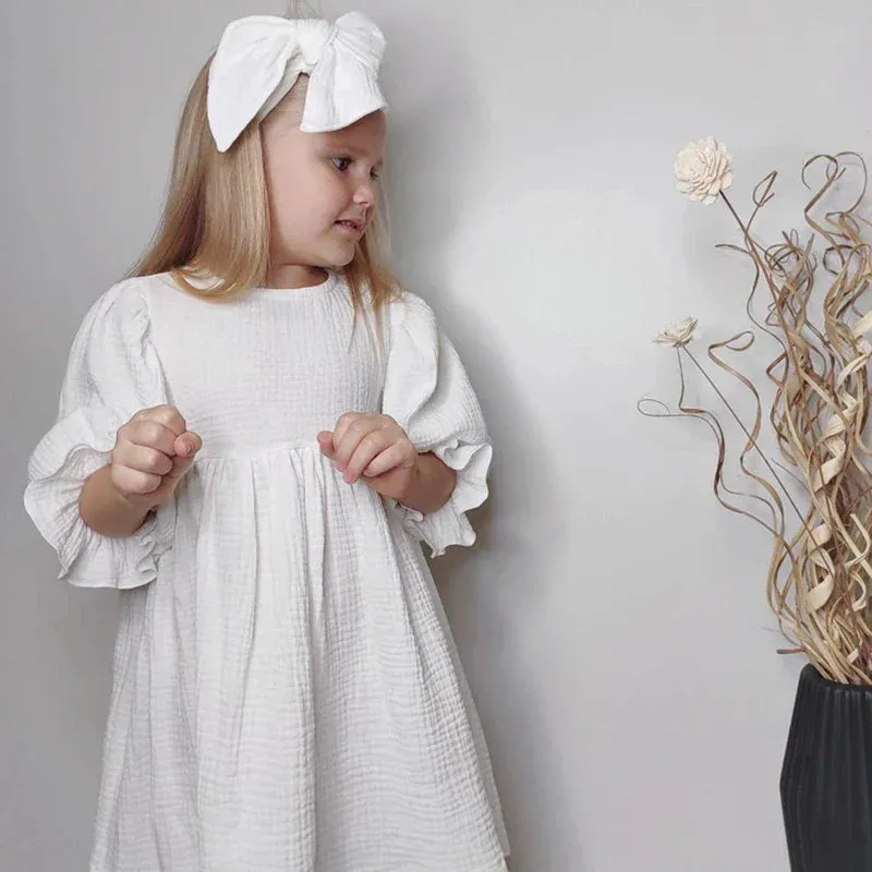Children's Organic Cotton Double Gauze Loose Pockets Baby Girls Dress Fashion Princess Casual Kids Dresses