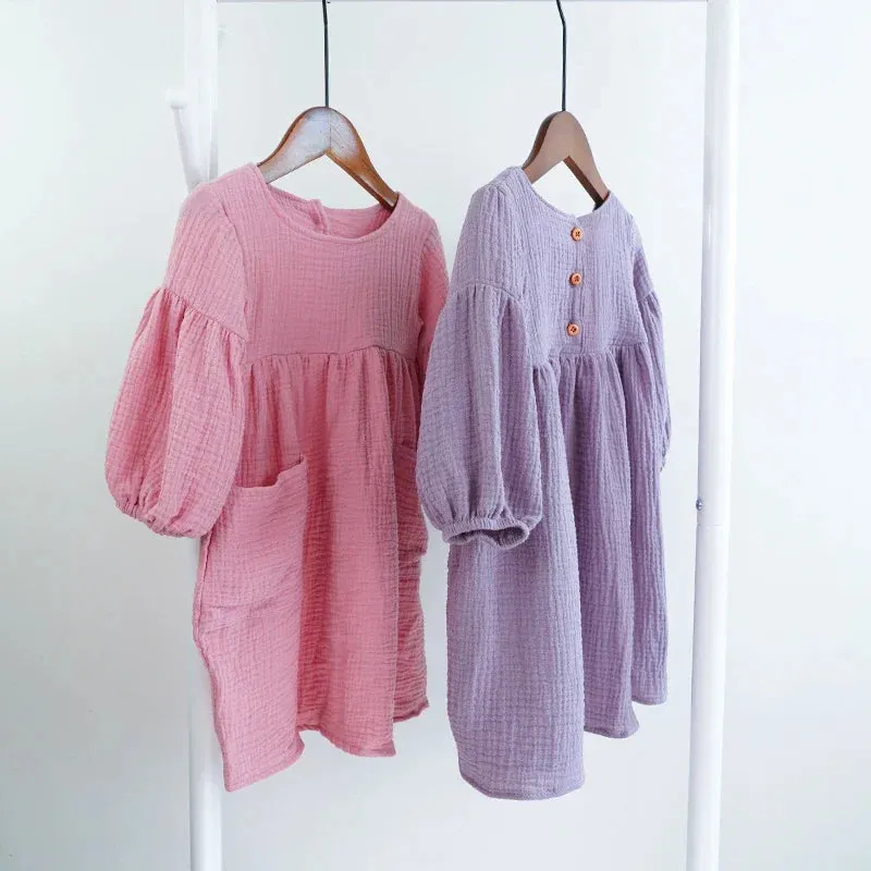 Children's Organic Cotton Double Gauze Loose Pockets Baby Girls Dress Fashion Princess Casual Kids Dresses