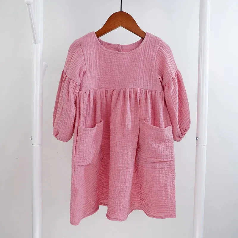 Children's Organic Cotton Double Gauze Loose Pockets Baby Girls Dress Fashion Princess Casual Kids Dresses